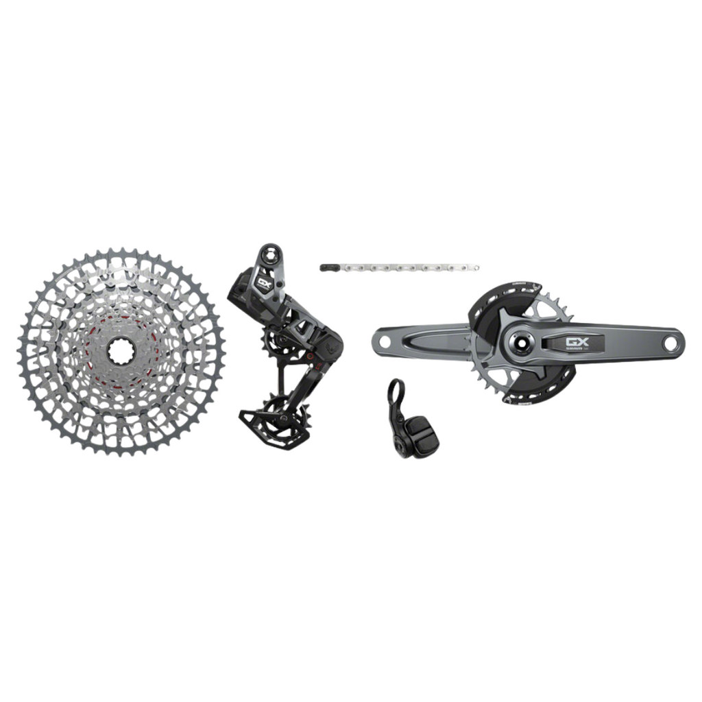 Grupo de transmisión SRAM GX T-Type Eagle: Bielas de 170 mm, plato de 32 dientes, controlador AXS POD, cassette de 10-52 dientes, desviador trasero y cadena.