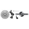 Grupo de transmisión SRAM GX T-Type Eagle: Bielas de 170 mm, plato de 32 dientes, controlador AXS POD, cassette de 10-52 dientes, desviador trasero y cadena.