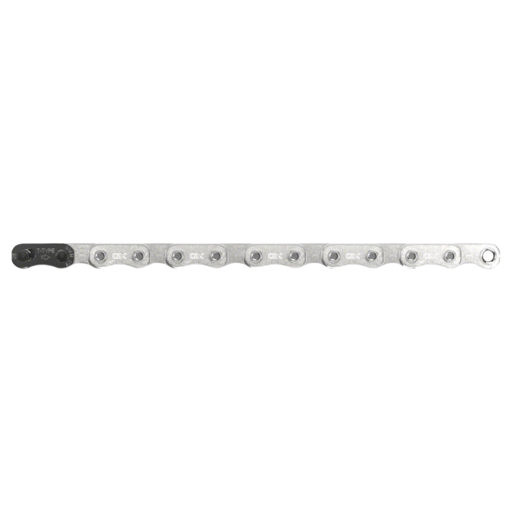 Grupo de transmisión SRAM GX T-Type Eagle: Bielas de 170 mm, plato de 32 dientes, controlador AXS POD, cassette de 10-52 dientes, desviador trasero y cadena.